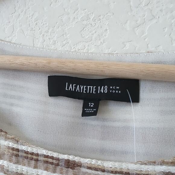 Lafayette 148 New York Top Womens 12 Textured Neutral Knit Silk Cotton Blouse - Picture 3 of 6